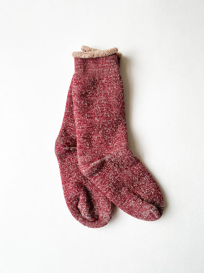 ROTOTO DOUBLE FACE CREW SOCKS IN RED BROWN SIZE LARGE