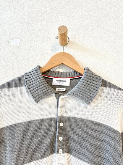 THOM BROWNE STRIPED COTTON POLO SWEATER SIZE 4