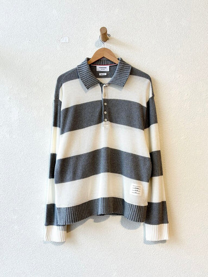 THOM BROWNE STRIPED COTTON POLO SWEATER SIZE 4