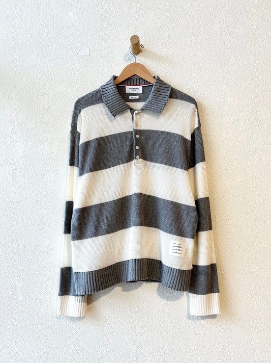 THOM BROWNE STRIPED COTTON POLO SWEATER SIZE 4